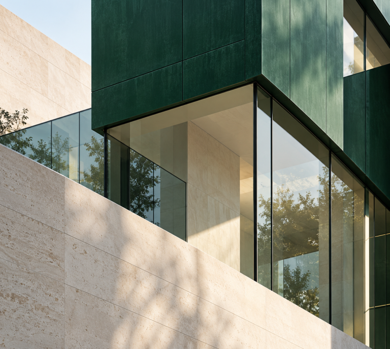Struktur und Klarheit – Partner4Business Architektonische Komposition aus dunkelgrünen Metallflächen, Glas und hellem Naturstein